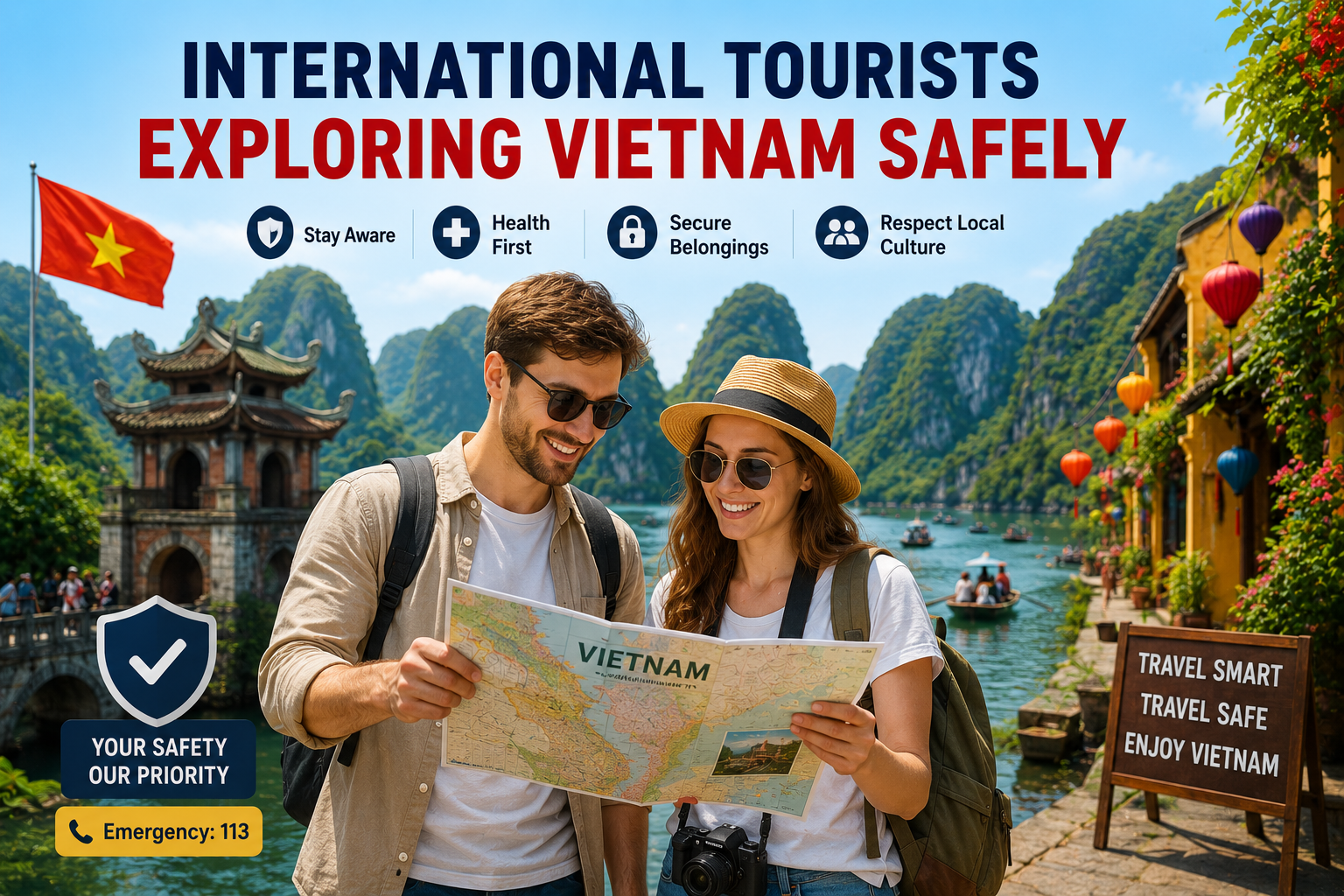 International tourists exploring Vietnam safely