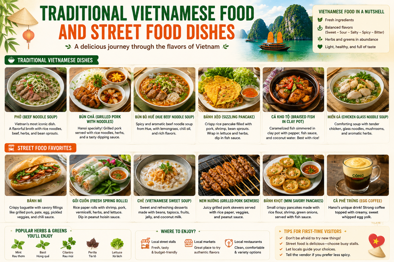 Traditional Vietnamese food and street food dishes